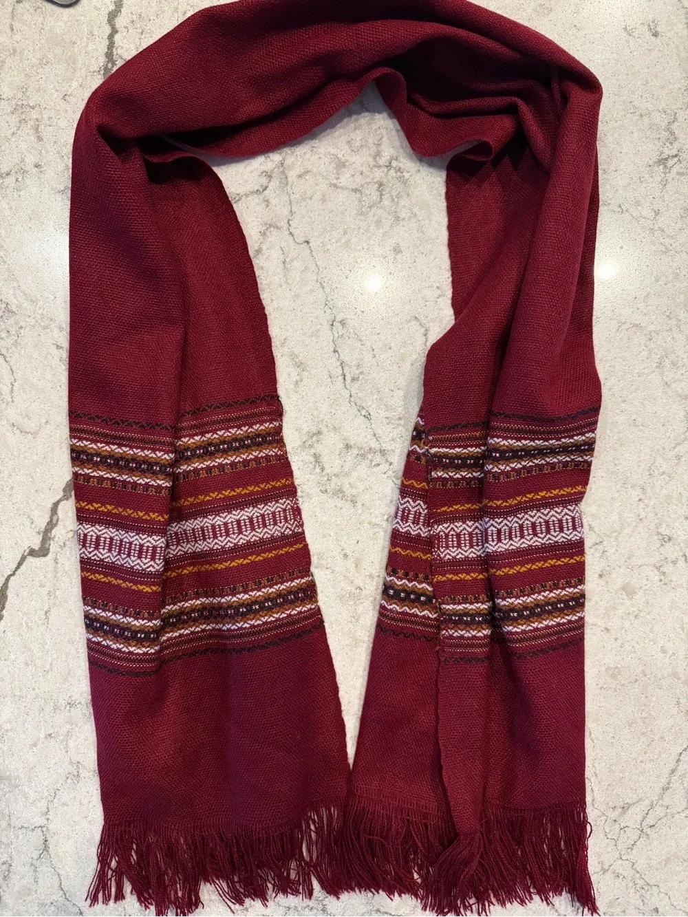 Ecuadorian 100% Wool Scarf Wrap Burgundy Woven Geometric Fringe Boho